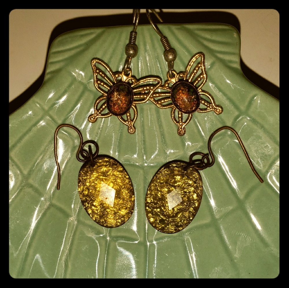 Amber Butterfly and Green gem earrings